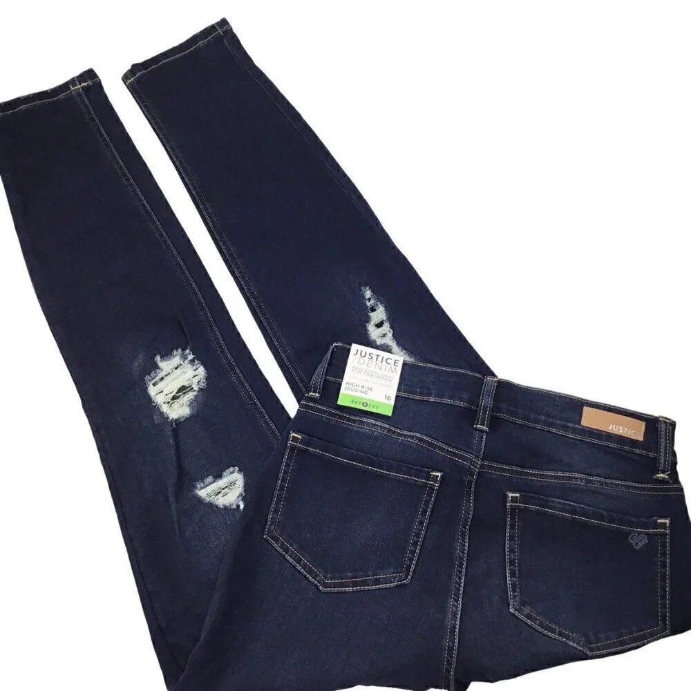 Justice Denim Jeans NWT High Rise Jegging Size 16 Repreve Distressed Dark Wash